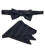 M & R Clothing Stacy Adams black pre-tied bow tie and matching diagonal stripe pocket square set for formal weddings.