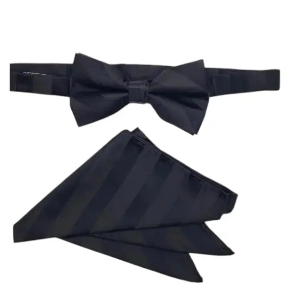 M & R Clothing Stacy Adams black pre-tied bow tie and matching diagonal stripe pocket square set for formal weddings.
