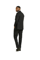 A model wearing a M & R Clothing Stacy Adams black 3-piece suit with a subtle tone-on-tone striped pattern.