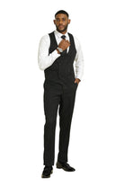 Model wearing a M & R Clothing Stacy Adams black 3-piece suit with a tone-on-tone striped vest and trousers.