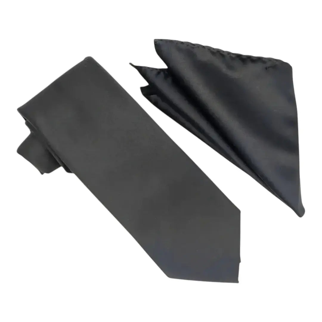 M & R Clothing Stacy Adams solid black necktie and matching pocket square set for formal occasions