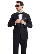 M & R Clothing Stacy Adams black 3-piece tuxedo set with satin shawl collar worn by a man in sunglasses