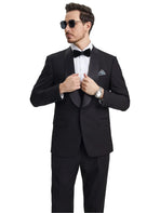 M & R Clothing Stacy Adams black 3-piece tuxedo set with satin shawl collar worn by a man in sunglasses