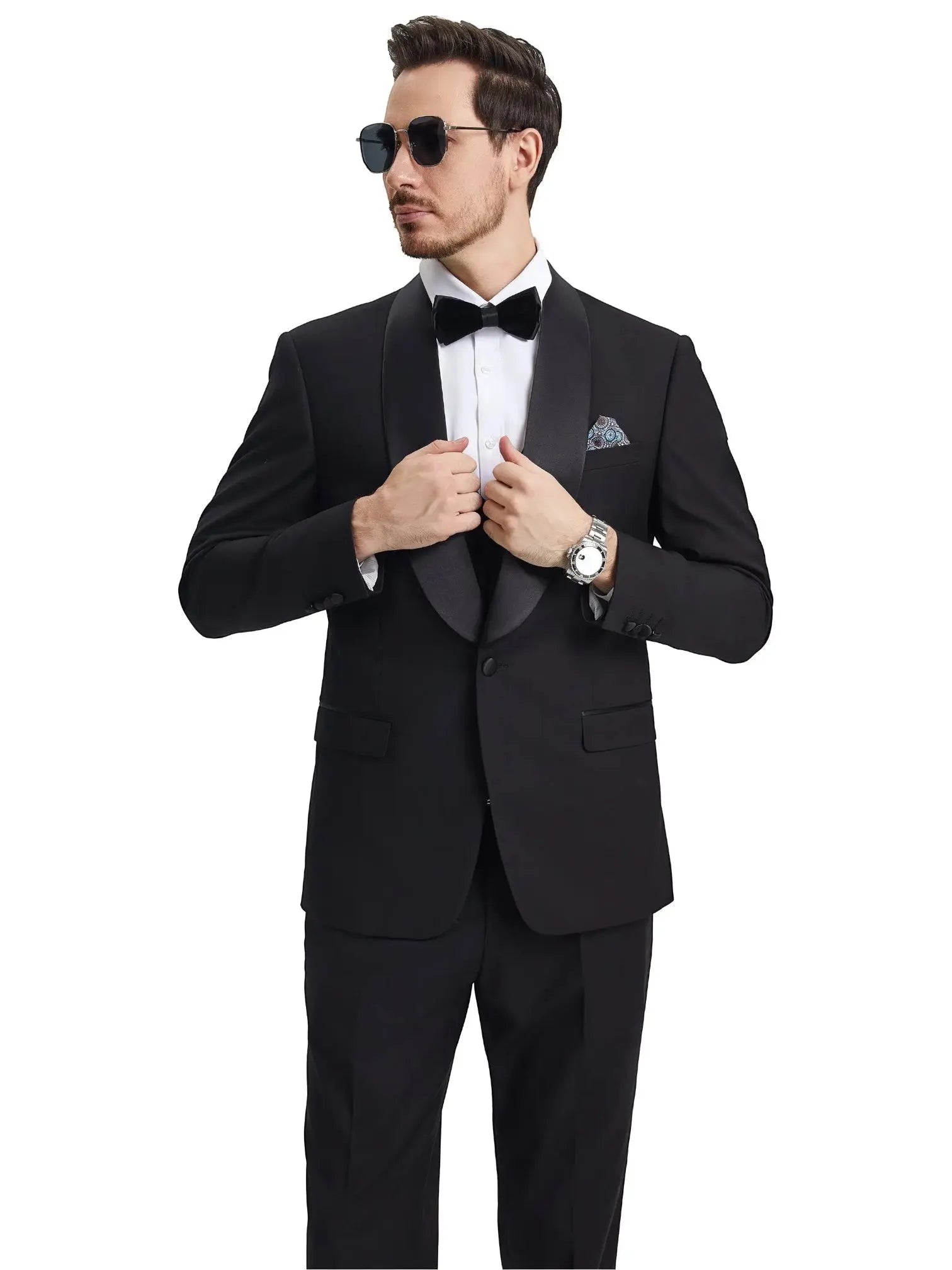 M & R Clothing Stacy Adams black 3-piece tuxedo set with satin shawl collar worn by a man in sunglasses