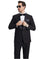 M & R Clothing Stacy Adams black 3-piece tuxedo set with satin shawl collar worn by a man in sunglasses