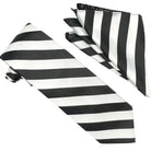 M & R Clothing Stacy Adams black and white striped necktie and matching pocket square set for formal wedding attire.