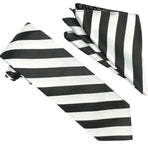 M & R Clothing Stacy Adams black and white striped necktie and matching pocket square set for formal wedding attire.
