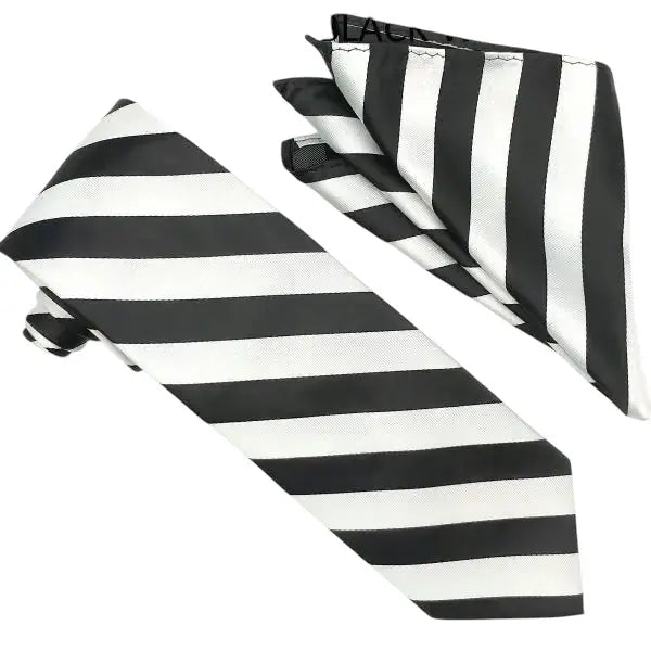 M & R Clothing Stacy Adams black and white striped necktie and matching pocket square set for formal wedding attire.