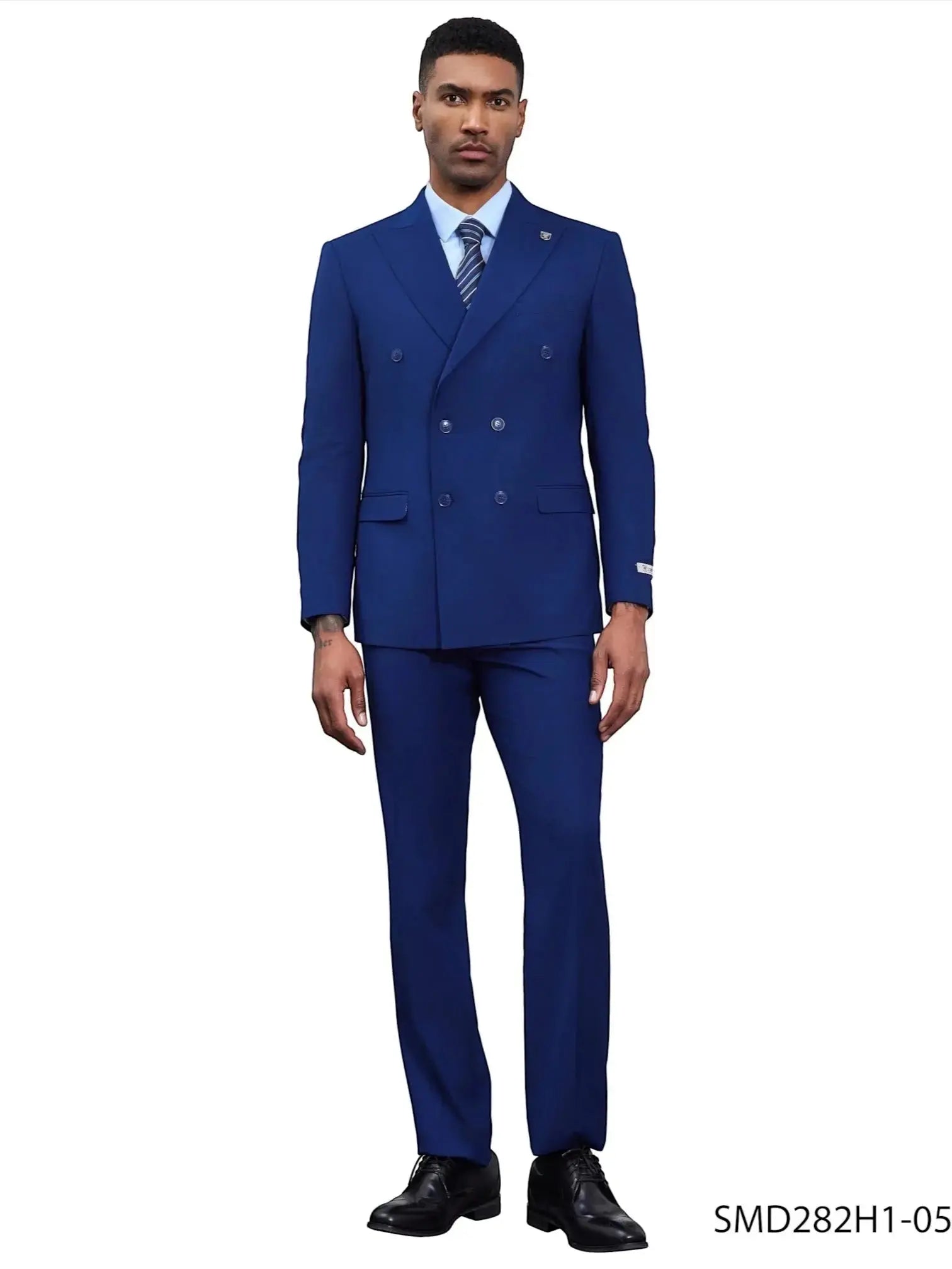 M & R Clothing Stacy Adams blue double breasted men's suit worn by a model with a light blue shirt and striped tie.