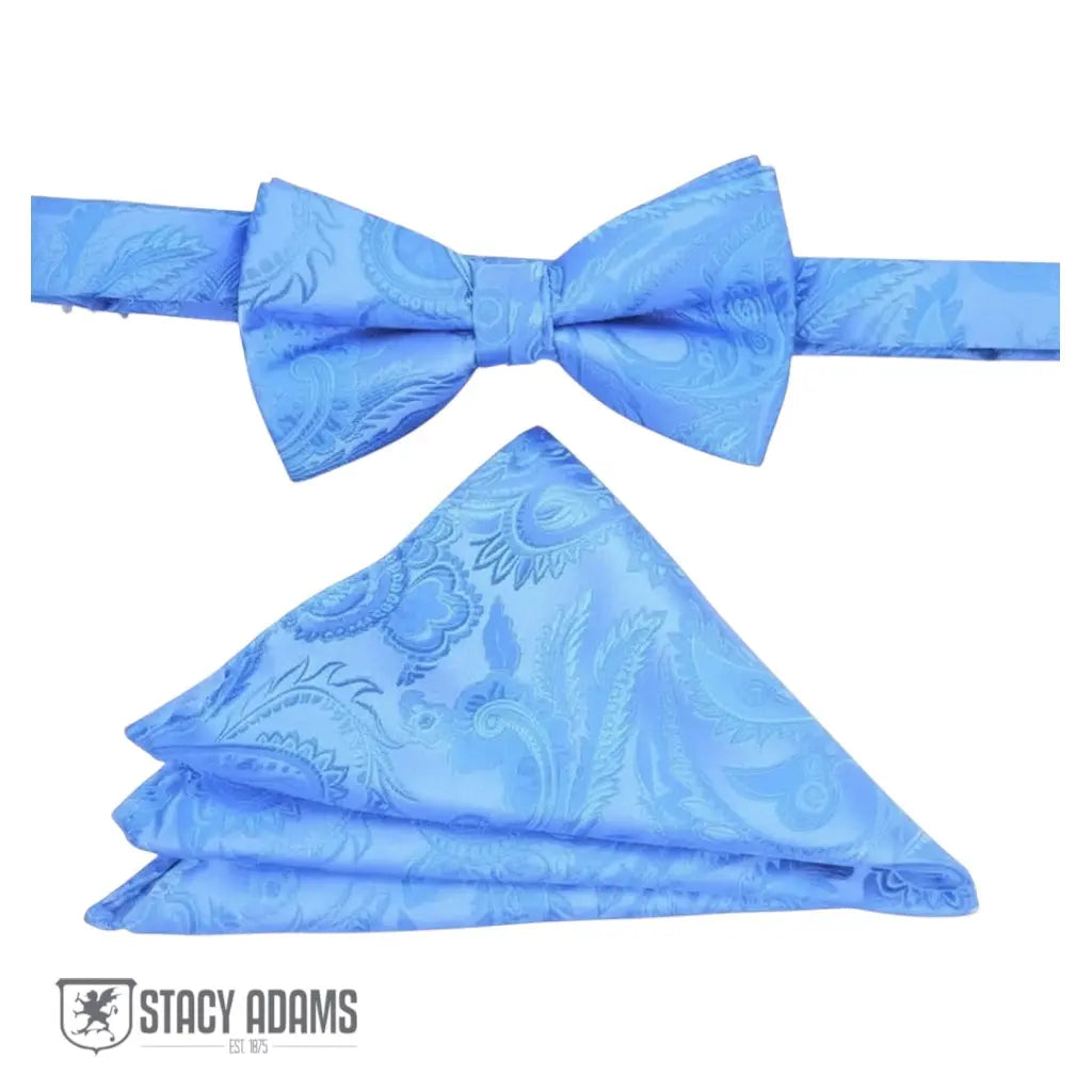 M & R Clothing Stacy Adams light blue paisley pre-tied bow tie and matching folded pocket square set