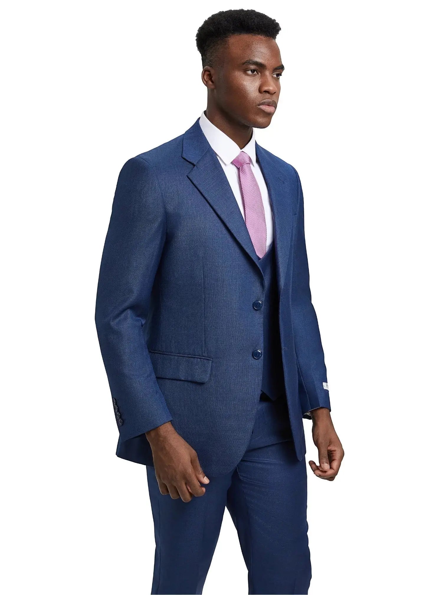 M & R Clothing Stacy Adams blue sharkskin 3-piece suit worn by a man with a white shirt and pink tie