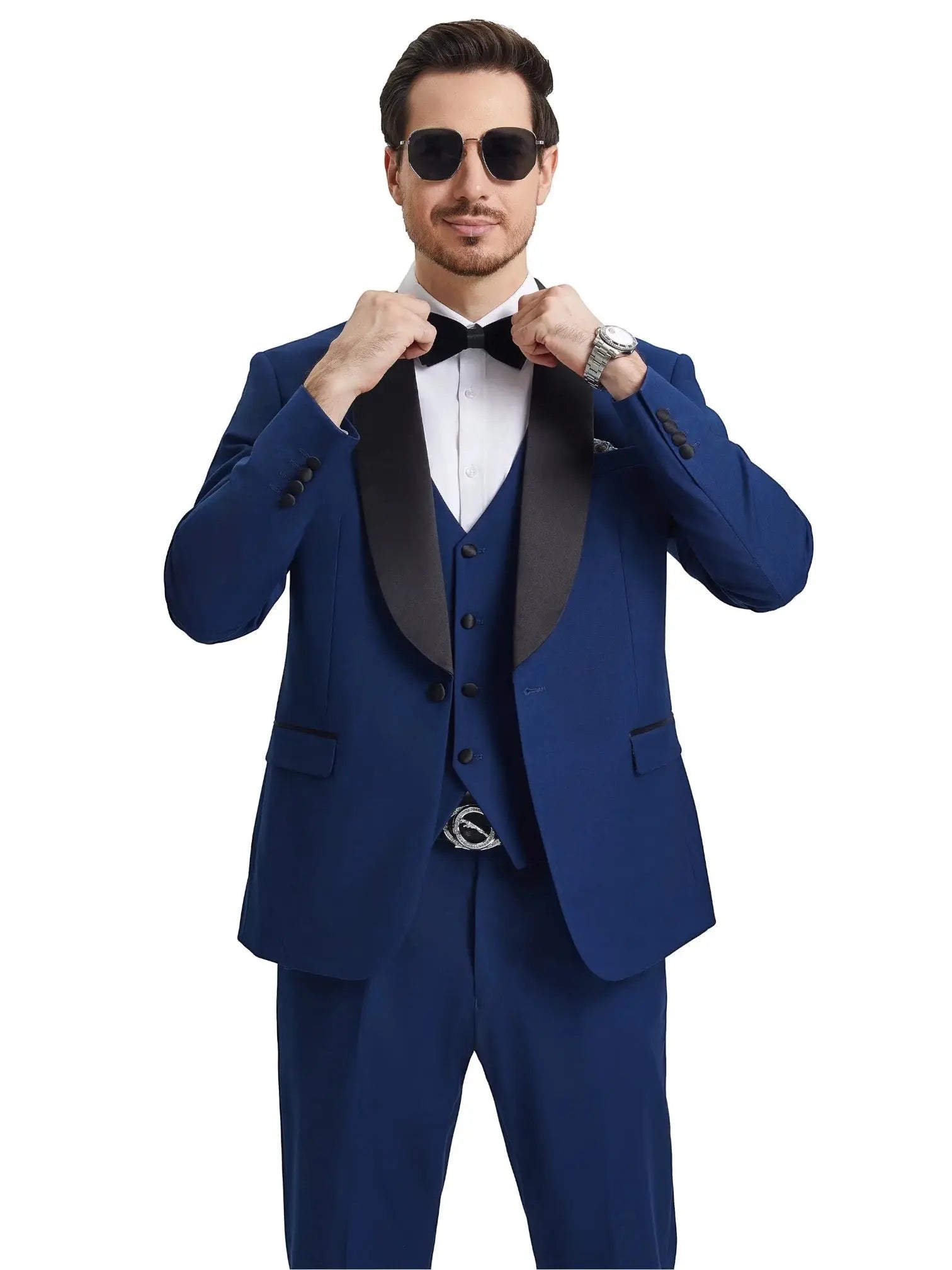 M & R Clothing Stacy Adams blue 3-piece tuxedo with satin shawl collar, vest, and bow tie on a model with sunglasses.
