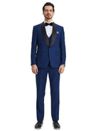 Model wearing a blue M & R Clothing Stacy Adams 3-piece tuxedo with a black satin shawl collar, vest, and bow tie.