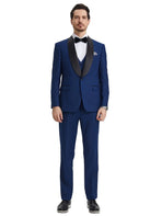 Model wearing a blue M & R Clothing Stacy Adams 3-piece tuxedo with a black satin shawl collar, vest, and bow tie.