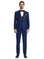 Model wearing a blue M & R Clothing Stacy Adams 3-piece tuxedo with a black satin shawl collar, vest, and bow tie.