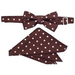 M & R Clothing Stacy Adams brown polka dot pre-tied bow tie and matching pocket square set for formal events