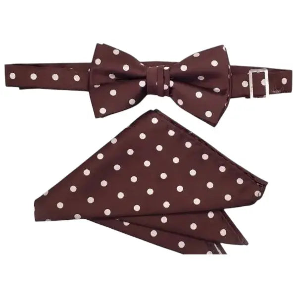 M & R Clothing Stacy Adams brown polka dot pre-tied bow tie and matching pocket square set for formal events