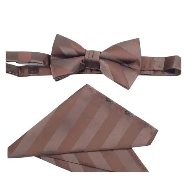 M & R Clothing Stacy Adams brown diagonal stripe pre-tied bow tie and matching pocket square set for formal events
