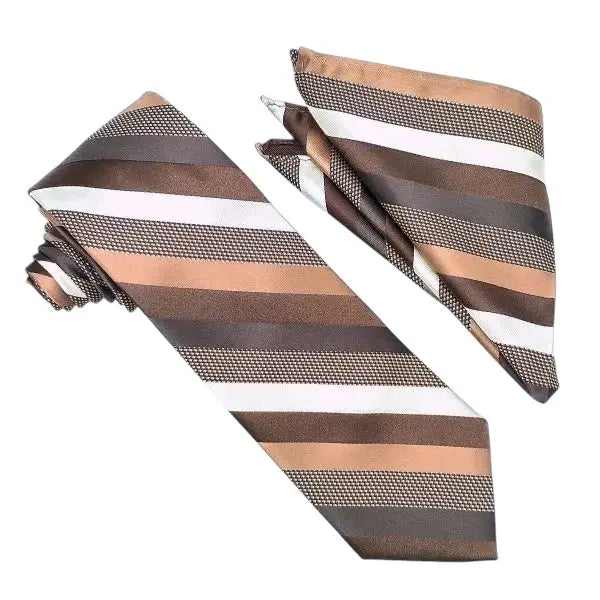 M & R Clothing Stacy Adams brown and white striped necktie and matching pocket square set with textured fabric