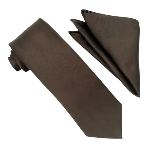 M & R Clothing Stacy Adams solid dark brown necktie and matching folded pocket square set for formal occasions