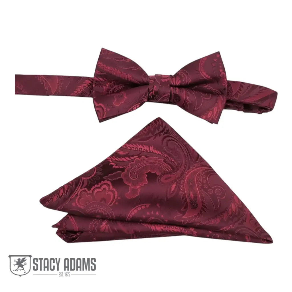 M & R Clothing Stacy Adams burgundy paisley pre-tied bow tie and matching pocket square set for formal events