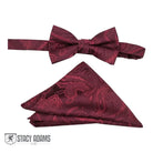M & R Clothing Stacy Adams burgundy paisley pre-tied bow tie and matching pocket square set for formal events