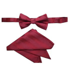 M & R Clothing Stacy Adams burgundy striped pre-tied bow tie and matching pocket square set for formal weddings