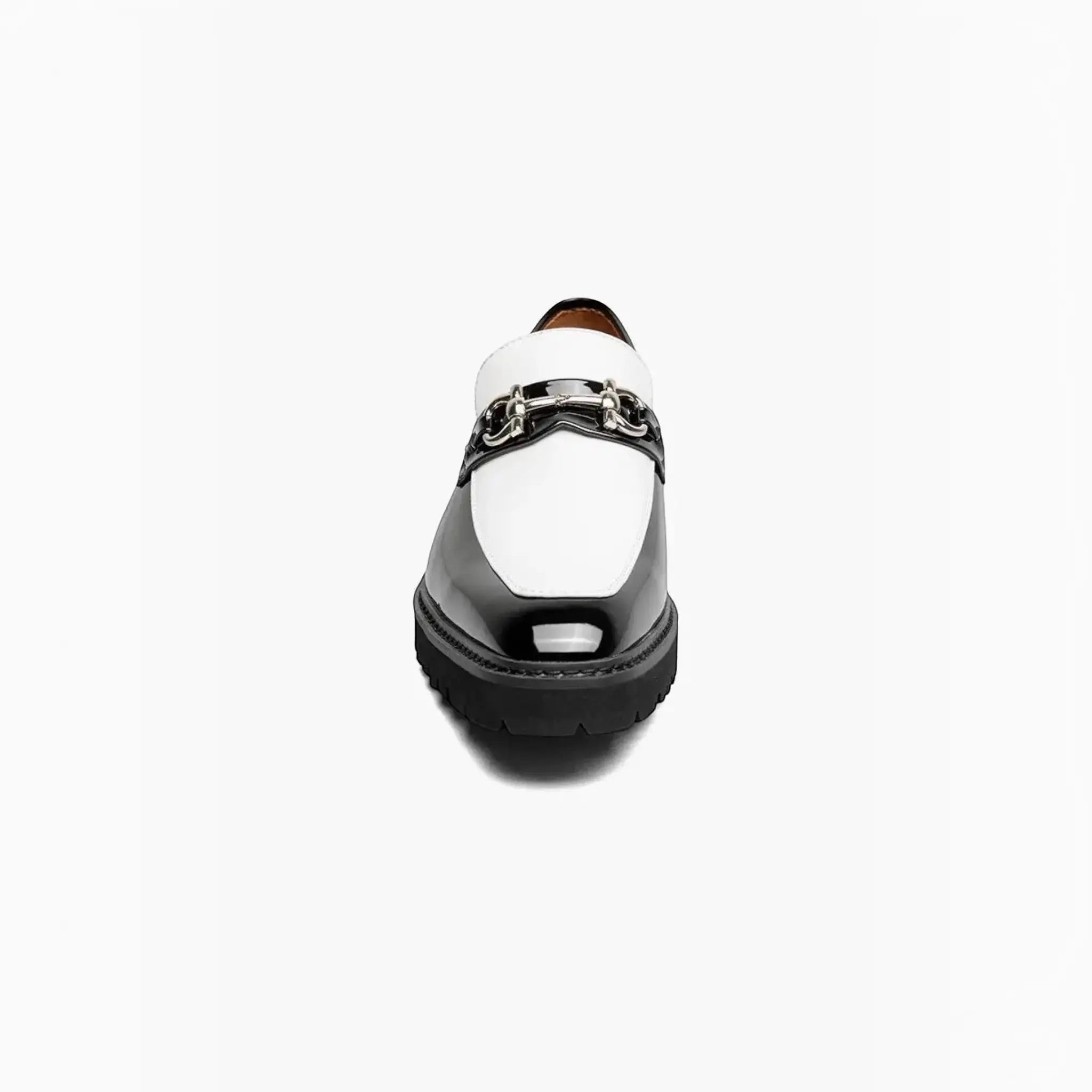 M & R Clothing Stacy Adams Carabello black and white patent leather horsebit slip-on shoe with a lug sole