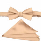 M & R Clothing Stacy Adams solid champagne satin bowtie and matching pocket square set for formal wear.