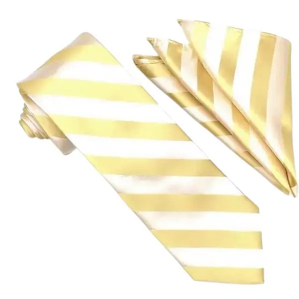 M & R Clothing Stacy Adams champagne tonal striped necktie and matching pocket square set for formal weddings