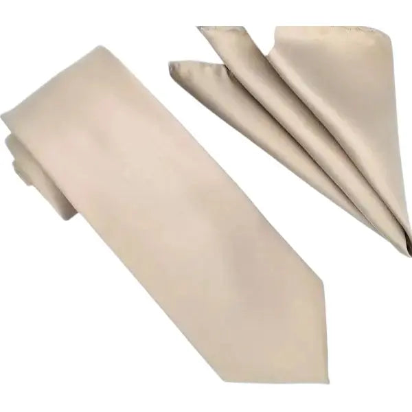 M & R Clothing Stacy Adams solid champagne necktie and matching folded pocket square for formal menswear