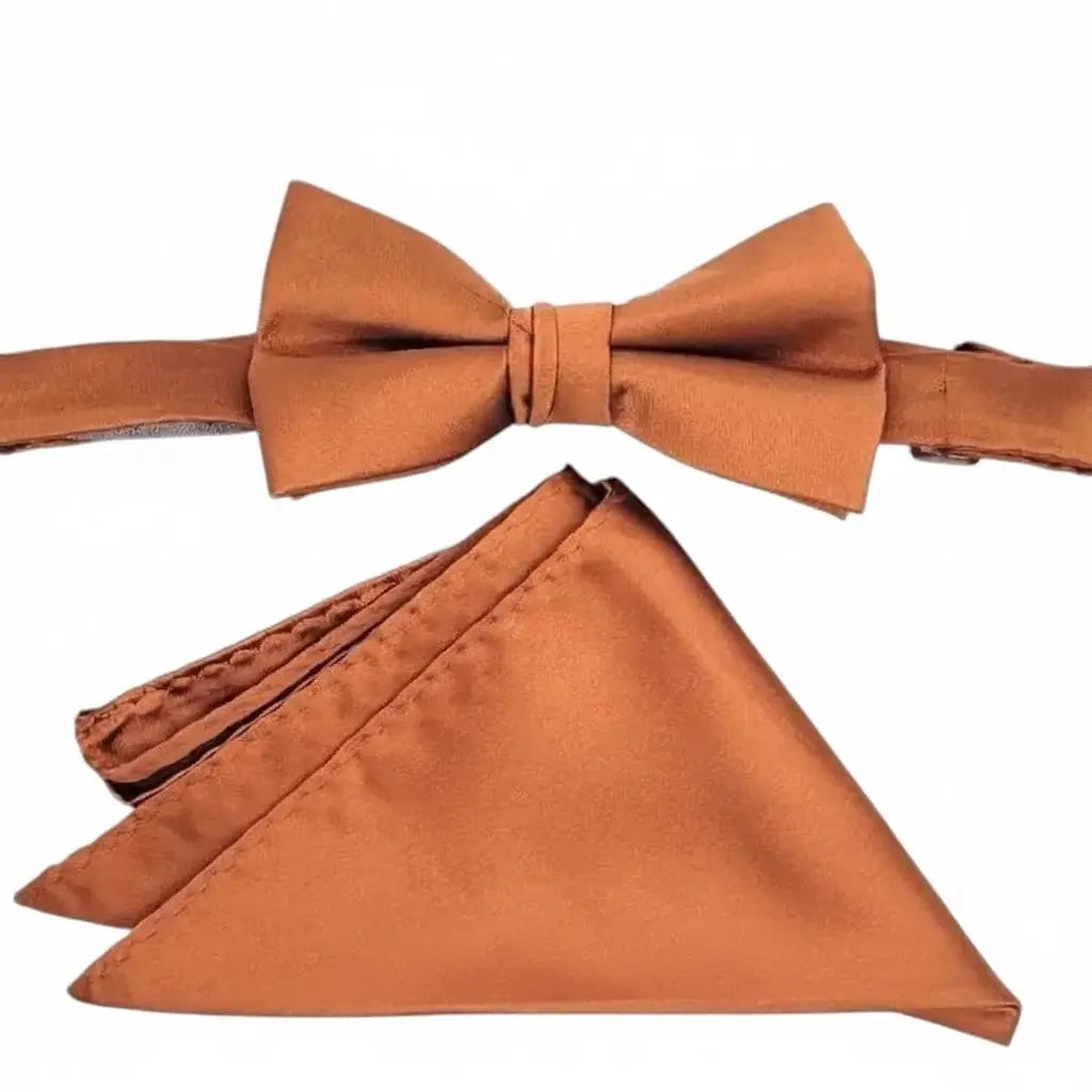M & R Clothing Stacy Adams solid copper satin bowtie and matching pocket square set for formal wear.