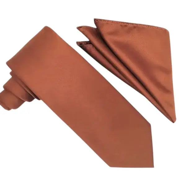 M & R Clothing Stacy Adams solid copper necktie and matching folded pocket square set for formal occasions.