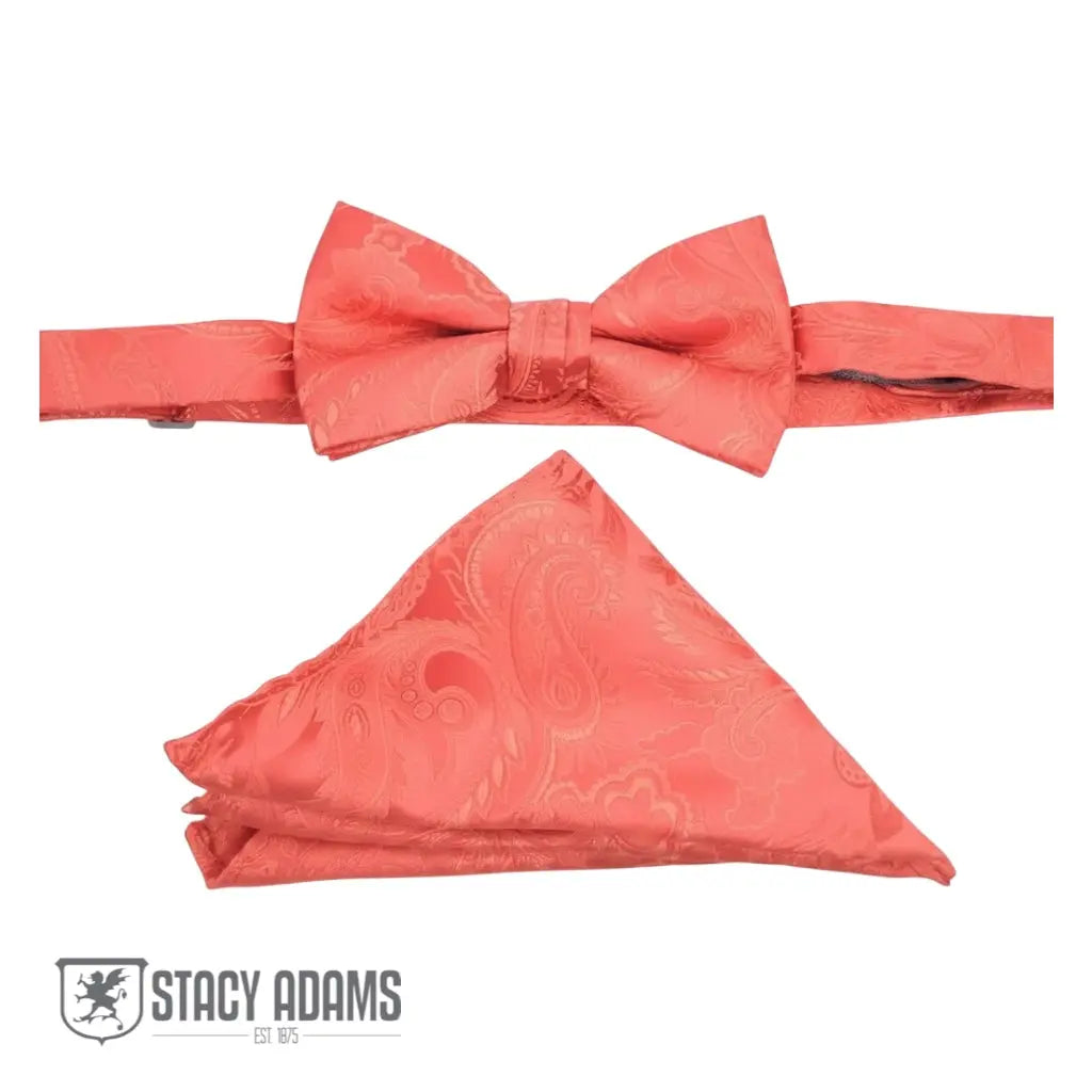 M & R Clothing Stacy Adams coral paisley pre-tied bow tie and matching pocket square set for formal events