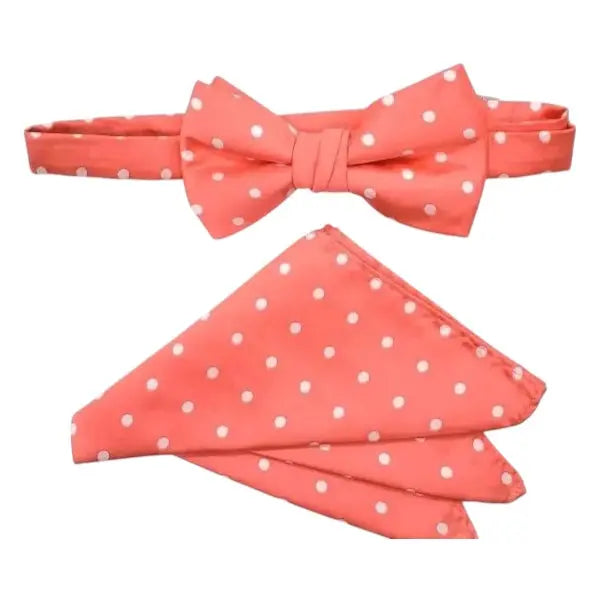 M & R Clothing Stacy Adams coral polka dot pre-tied bow tie and matching pocket square set for formal events