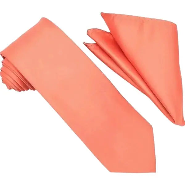 M & R Clothing Stacy Adams solid coral necktie and matching pocket square set for formal occasions