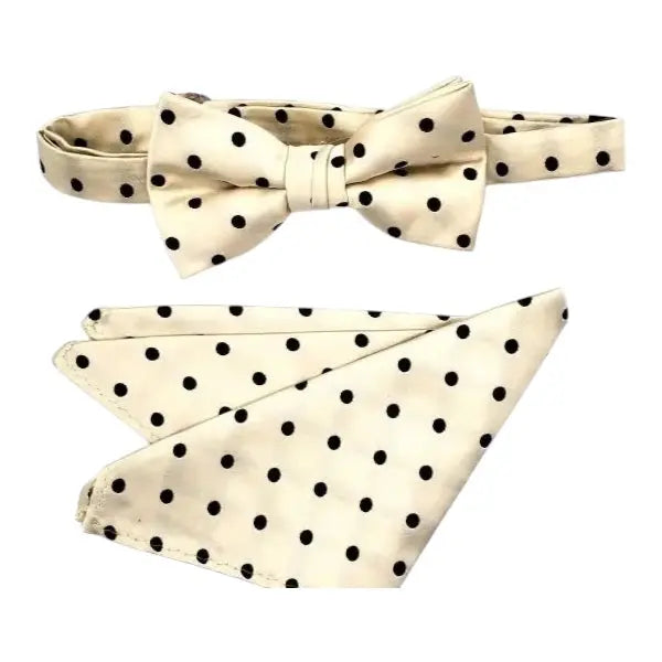 M & R Clothing Stacy Adams cream and black polka dot pre-tied bow tie and matching pocket square set