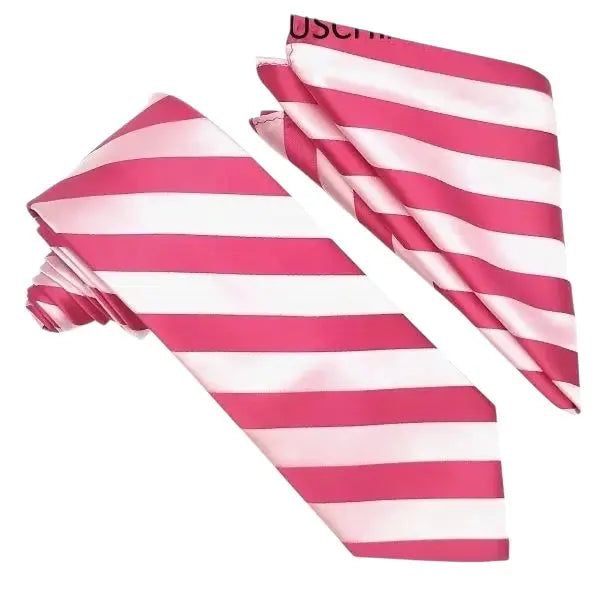 M & R Clothing Stacy Adams fuchsia and light pink striped wedding necktie and matching pocket square set