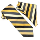 M & R Clothing Stacy Adams striped necktie and matching pocket square in gold, black, and textured grey tones.