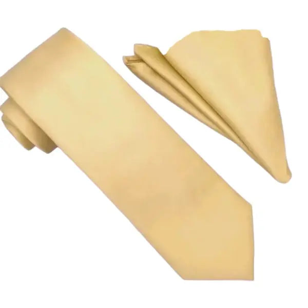 M & R Clothing Stacy Adams solid gold necktie and matching folded pocket square for formal menswear
