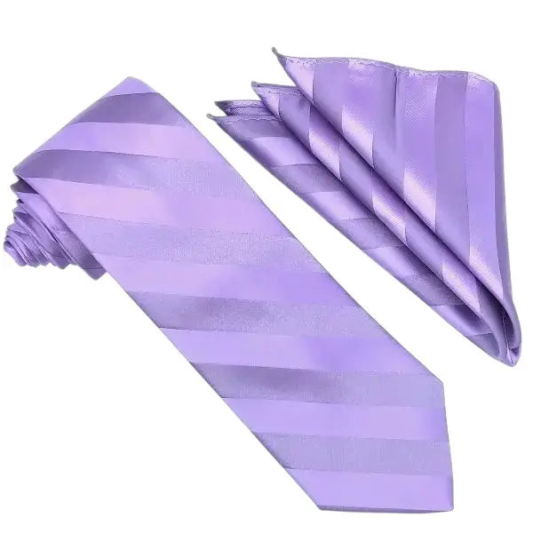 M & R Clothing Stacy Adams grape purple tonal striped necktie and matching pocket square set for formal weddings.