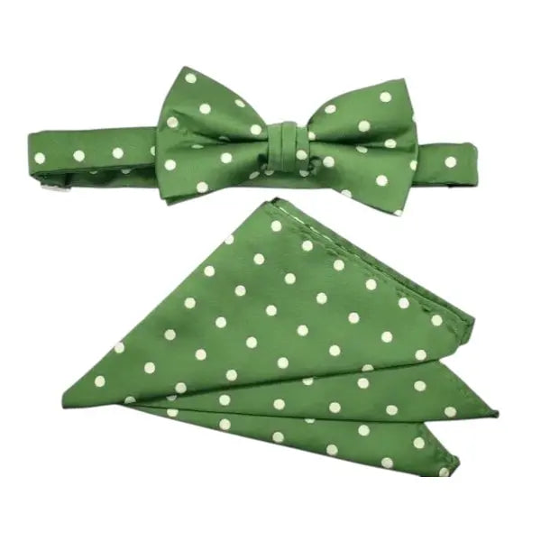 M & R Clothing Stacy Adams green polka dot pre-tied bow tie and matching pocket square set for formal events
