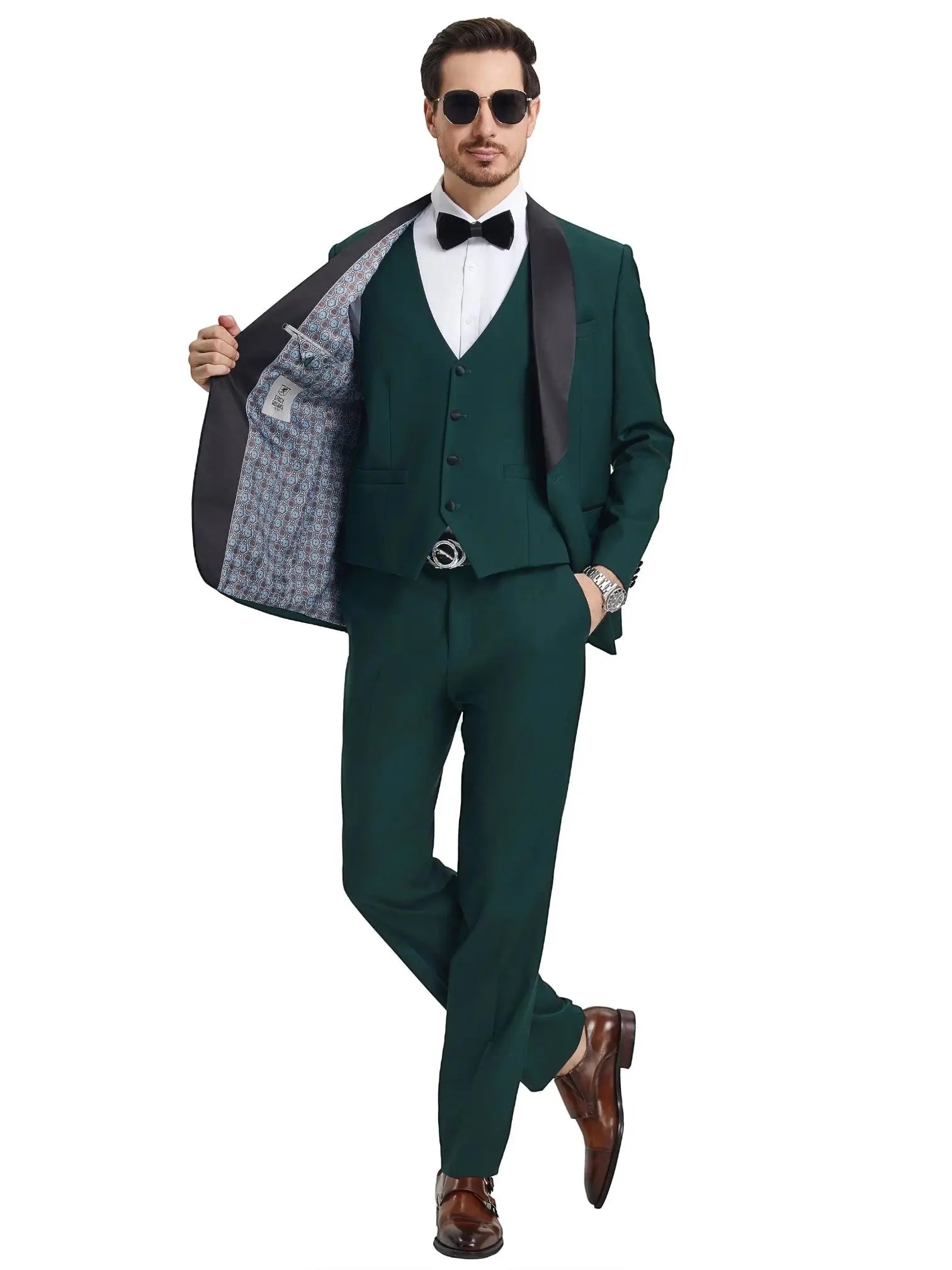M & R Clothing Stacy Adams dark green 3-piece tuxedo with satin shawl collar, vest, and patterned interior lining.