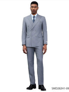 M & R Clothing Stacy Adams men's grey double breasted suit worn by a model with a light blue shirt and striped tie
