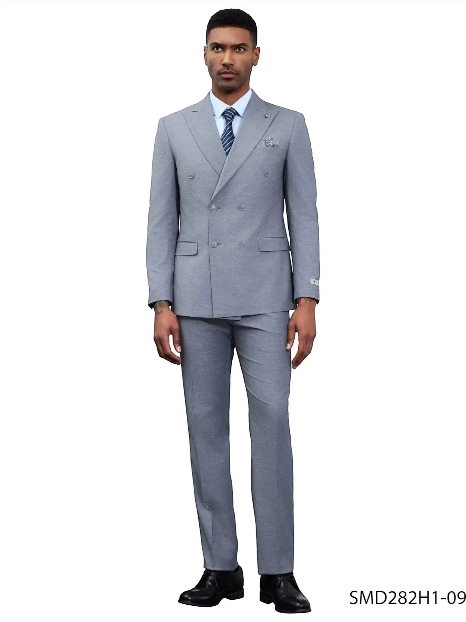 M & R Clothing Stacy Adams men's grey double breasted suit worn by a model with a light blue shirt and striped tie