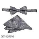 M & R Clothing Stacy Adams grey paisley pre-tied bow tie and matching folded pocket square set for formal events