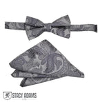 M & R Clothing Stacy Adams grey paisley pre-tied bow tie and matching folded pocket square set for formal events
