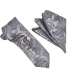 M & R Clothing Stacy Adams grey paisley necktie and matching pocket square set for formal men's attire.