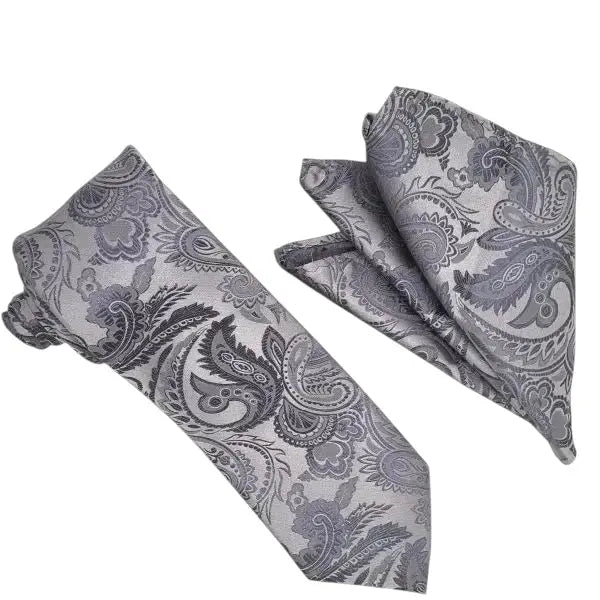 M & R Clothing Stacy Adams grey paisley necktie and matching pocket square set for formal men's attire.