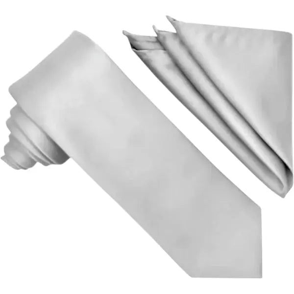M & R Clothing Stacy Adams solid light grey necktie and matching folded pocket square set for formal occasions